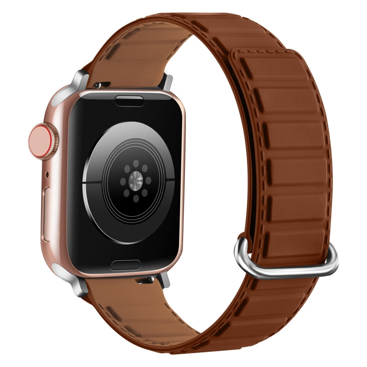 For Apple Watch Series 7 41mm Reverse Buckle Magnetic Silicone Watch Band(Silver Buckle Brown) - free shipping - PMC TechLife - Order now!