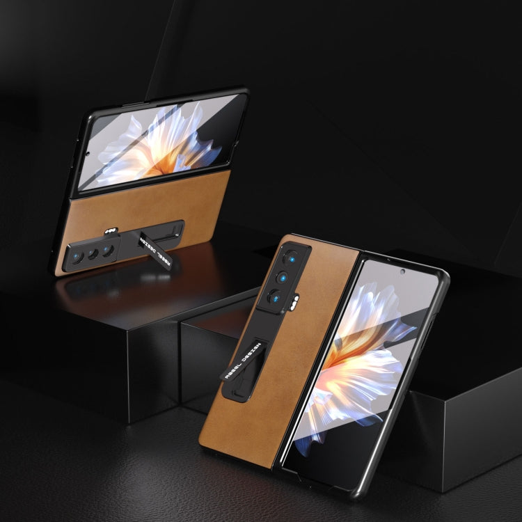 For Honor Magic Vs ABEEL Integrated Two-color Calf Texture PU Phone Case with Holder(Brown) - Honor Cases by PMC TechLife | Online Shopping South Africa | PMC TechLife | Buy Now Pay Later Mobicred