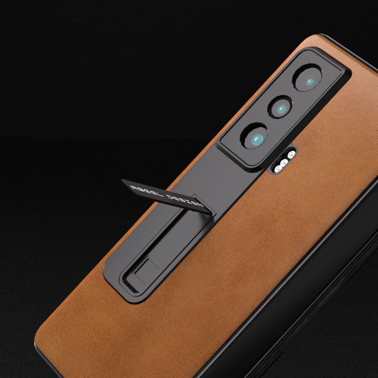 For Honor Magic Vs ABEEL Integrated Two-color Calf Texture PU Phone Case with Holder(Brown) - Honor Cases by PMC TechLife | Online Shopping South Africa | PMC TechLife | Buy Now Pay Later Mobicred