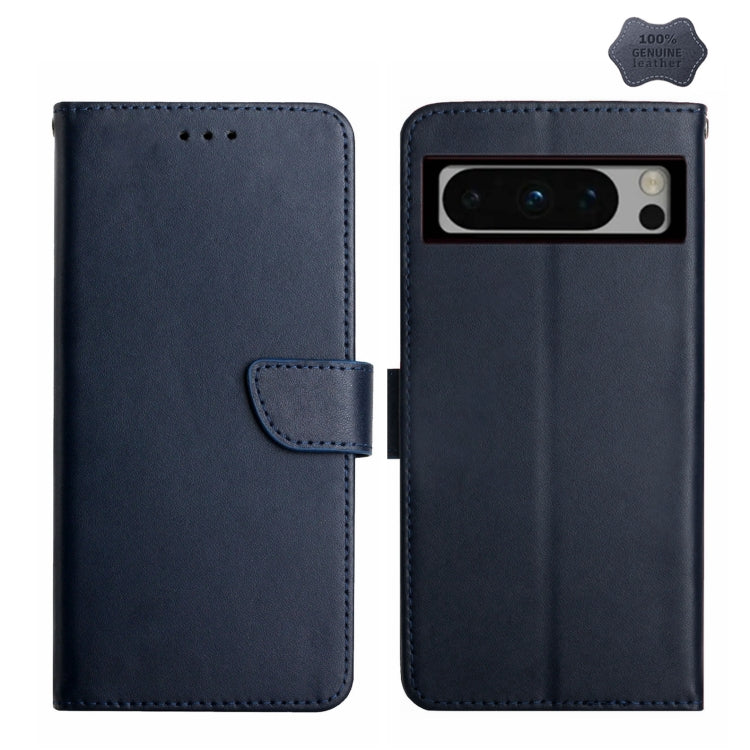 For Google Pixel 8 Pro HT02 Genuine Leather Fingerprint-proof Flip Phone Case(Blue) - Google Cases by PMC TechLife | Online Shopping South Africa | PMC TechLife | Buy Now Pay Later Mobicred