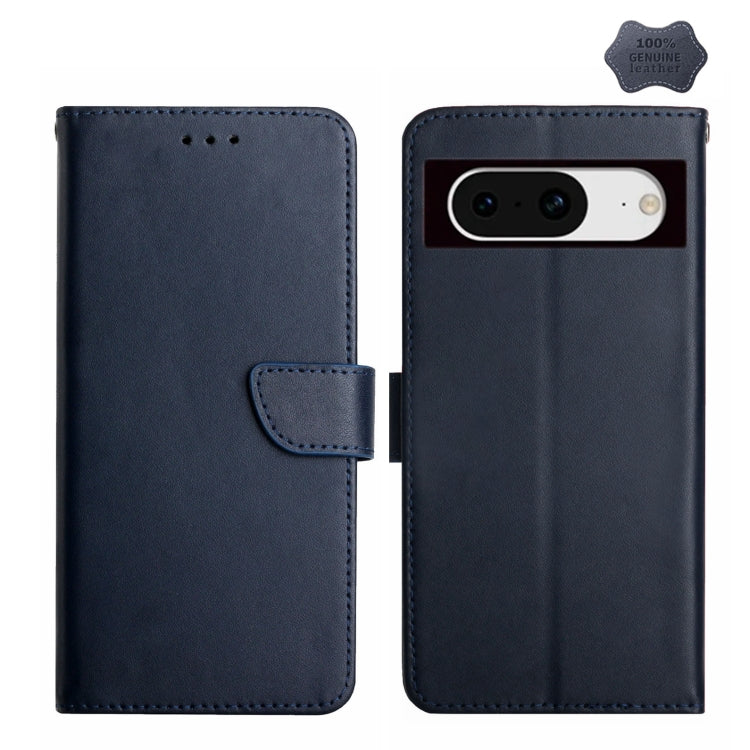 For Google Pixel 8 HT02 Genuine Leather Fingerprint-proof Flip Phone Case(Blue) - Google Cases by PMC TechLife | Online Shopping South Africa | PMC TechLife | Buy Now Pay Later Mobicred