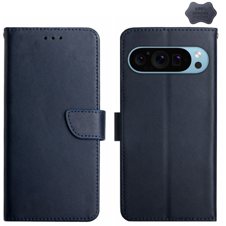 For Google Pixel 9 Pro HT02 Genuine Leather Fingerprint-proof Flip Phone Case(Blue) - Google Cases by PMC TechLife | Online Shopping South Africa | PMC TechLife | Buy Now Pay Later Mobicred
