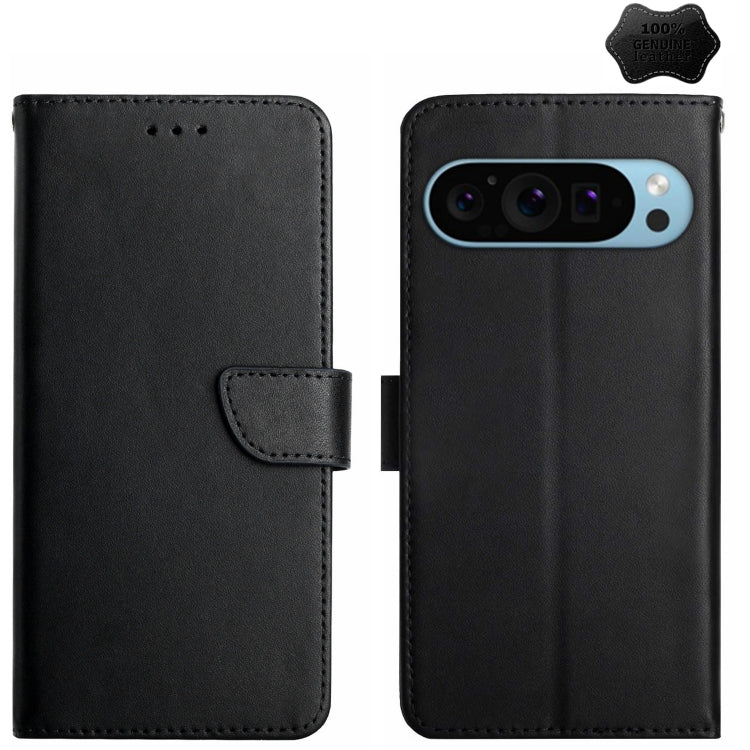 For Google Pixel 9 HT02 Genuine Leather Fingerprint-proof Flip Phone Case(Black) - Google Cases by PMC TechLife | Online Shopping South Africa | PMC TechLife | Buy Now Pay Later Mobicred