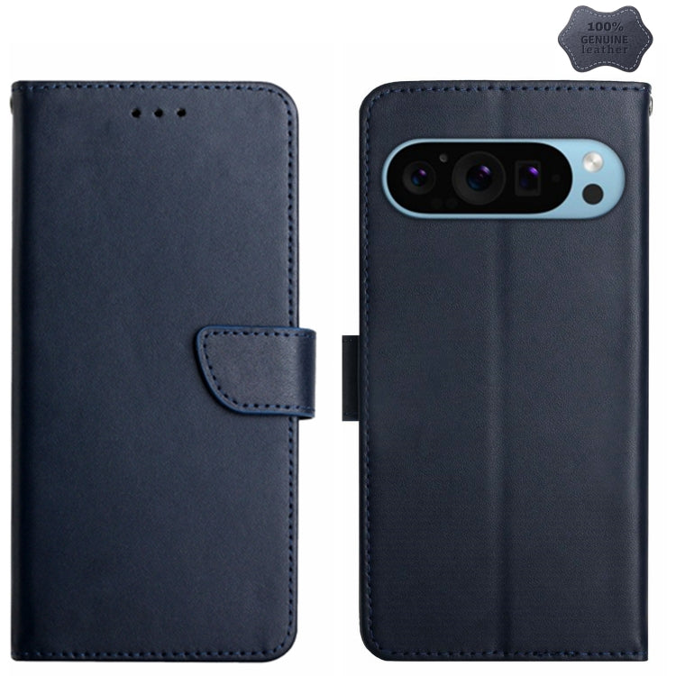 For Google Pixel 9 HT02 Genuine Leather Fingerprint-proof Flip Phone Case(Blue) - free shipping - PMC TechLife - Order now!