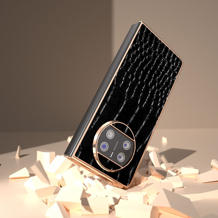 For Huawei Mate X3 Nano Plating Genuine Leather Crocodile Pattern Phone Case(Black) - Huawei Cases by PMC TechLife | Online Shopping South Africa | PMC TechLife | Buy Now Pay Later Mobicred