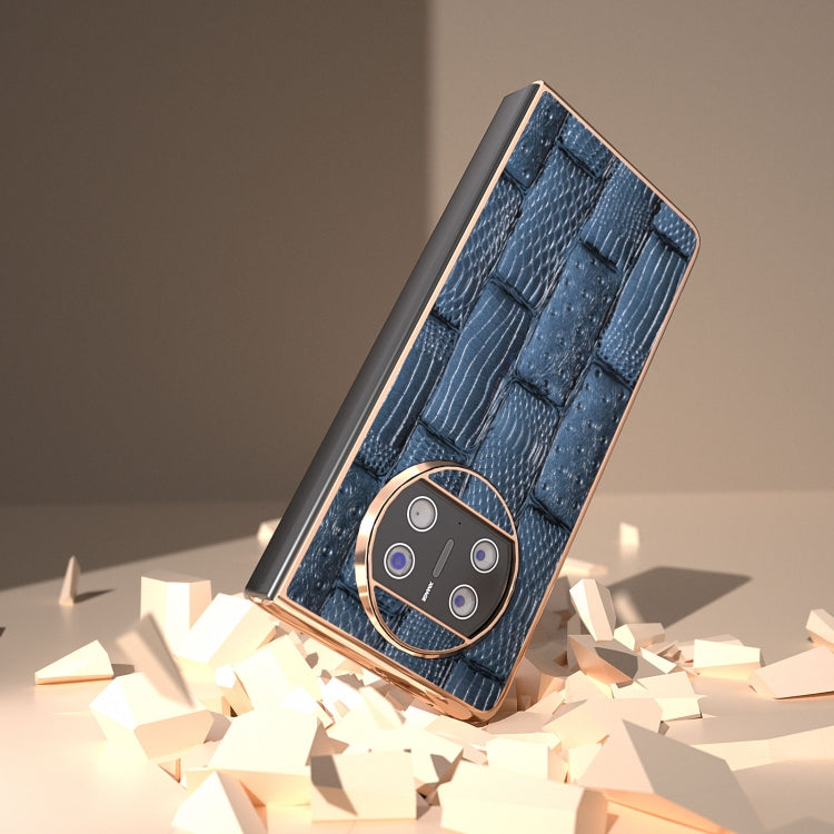 For Huawei Mate X3 Nano Plating Genuine Leather Mahjong Texture Phone Case(Blue) - Huawei Cases by PMC TechLife | Online Shopping South Africa | PMC TechLife | Buy Now Pay Later Mobicred