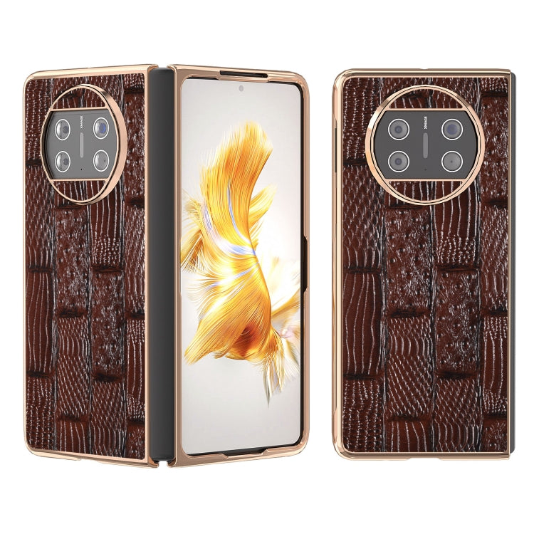 For Huawei Mate X3 Nano Plating Genuine Leather Mahjong Texture Phone Case(Brown) - Huawei Cases by PMC TechLife | Online Shopping South Africa | PMC TechLife | Buy Now Pay Later Mobicred