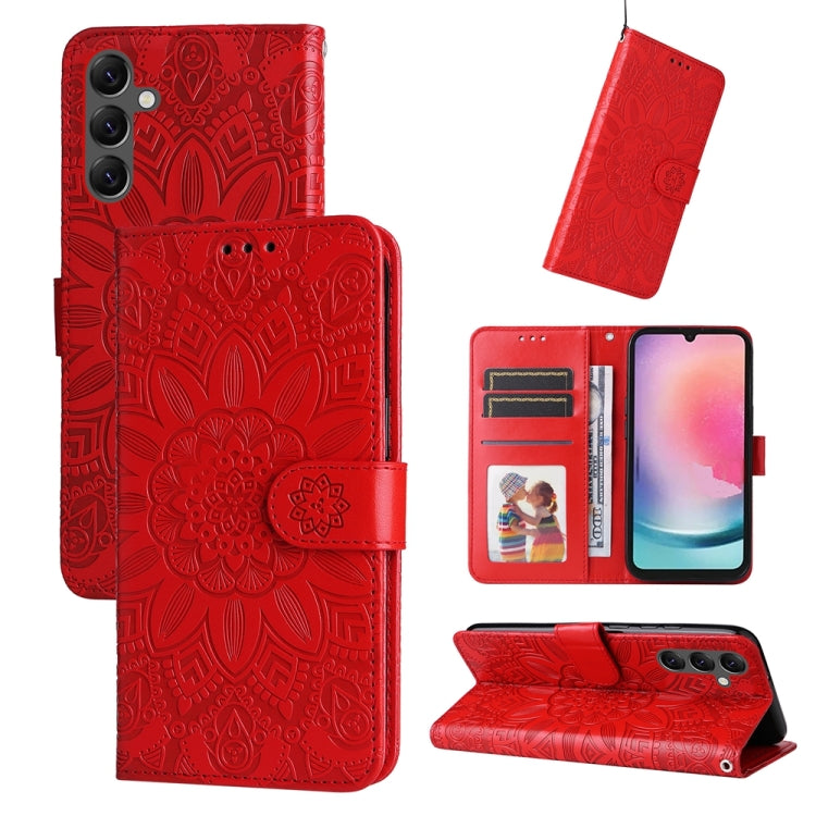 For Samsung Galaxy A25 5G Global Embossed Sunflower Leather Phone Case(Red) - Galaxy Phone Cases by PMC TechLife | Online Shopping South Africa | PMC TechLife