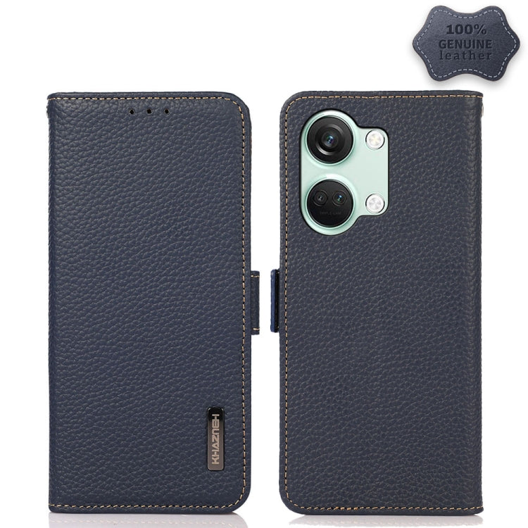 For OnePlus Nord 3 KHAZNEH Side-Magnetic Litchi Genuine Leather RFID Phone Case(Blue) - OnePlus Cases by PMC TechLife | Online Shopping South Africa | PMC TechLife | Buy Now Pay Later Mobicred