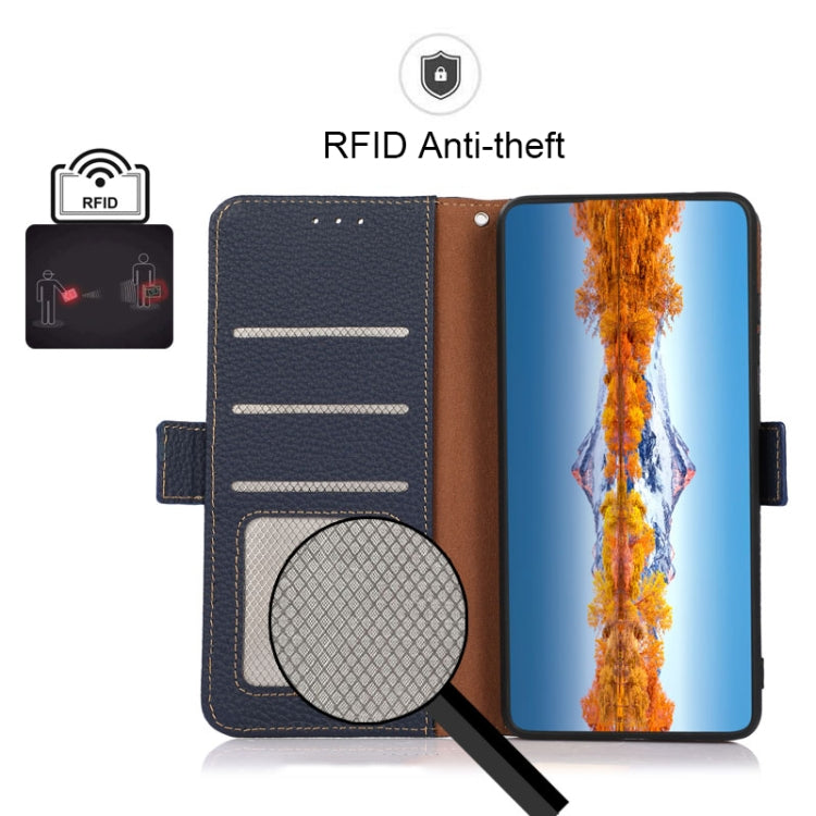 For OnePlus Nord 3 KHAZNEH Side-Magnetic Litchi Genuine Leather RFID Phone Case(Blue) - OnePlus Cases by PMC TechLife | Online Shopping South Africa | PMC TechLife | Buy Now Pay Later Mobicred