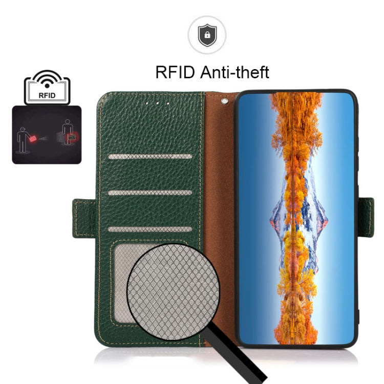 For OnePlus Nord 3 KHAZNEH Side-Magnetic Litchi Genuine Leather RFID Phone Case(Green) - OnePlus Cases by PMC TechLife | Online Shopping South Africa | PMC TechLife | Buy Now Pay Later Mobicred