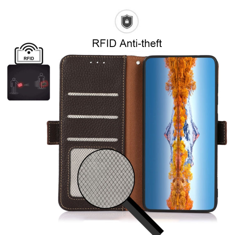 For OnePlus Nord 3 KHAZNEH Side-Magnetic Litchi Genuine Leather RFID Phone Case(Brown) - OnePlus Cases by PMC TechLife | Online Shopping South Africa | PMC TechLife | Buy Now Pay Later Mobicred