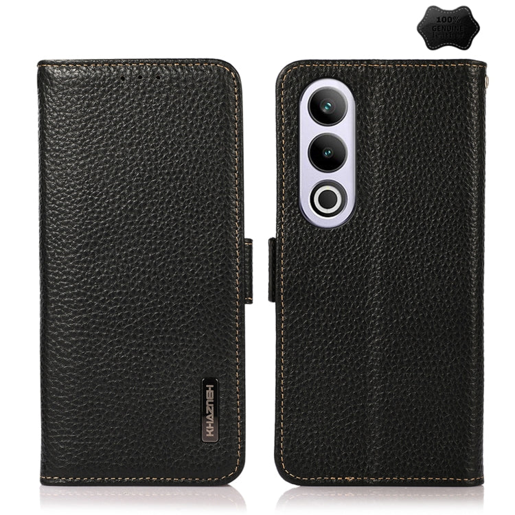 For OnePlus CE4 5G Global KHAZNEH Side-Magnetic Litchi Genuine Leather RFID Phone Case(Black) - OnePlus Cases by PMC TechLife | Online Shopping South Africa | PMC TechLife | Buy Now Pay Later Mobicred
