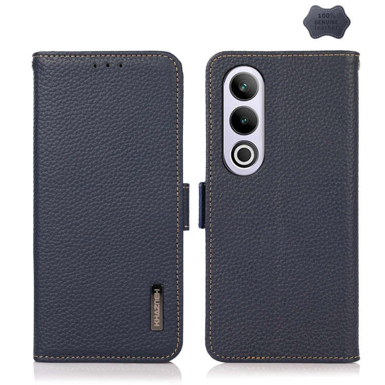For OnePlus CE4 5G Global KHAZNEH Side-Magnetic Litchi Genuine Leather RFID Phone Case(Blue) - OnePlus Cases by PMC TechLife | Online Shopping South Africa | PMC TechLife | Buy Now Pay Later Mobicred