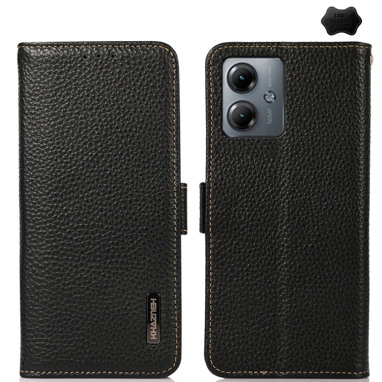 For Motorola Moto G14 4G KHAZNEH Side-Magnetic Litchi Genuine Leather RFID Phone Case(Black) - Motorola Cases by PMC TechLife | Online Shopping South Africa | PMC TechLife | Buy Now Pay Later Mobicred