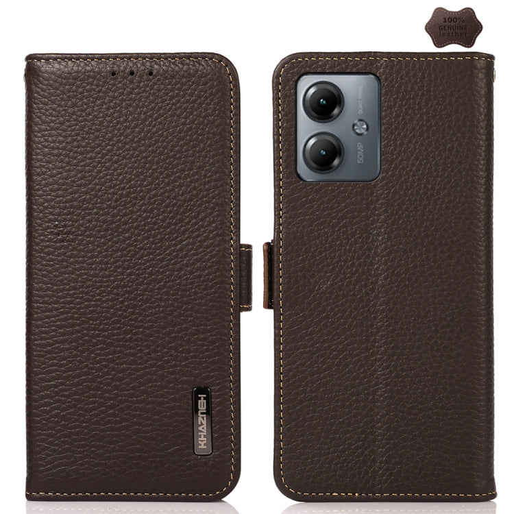 For Motorola Moto G14 4G KHAZNEH Side-Magnetic Litchi Genuine Leather RFID Phone Case(Brown) - Motorola Cases by PMC TechLife | Online Shopping South Africa | PMC TechLife | Buy Now Pay Later Mobicred