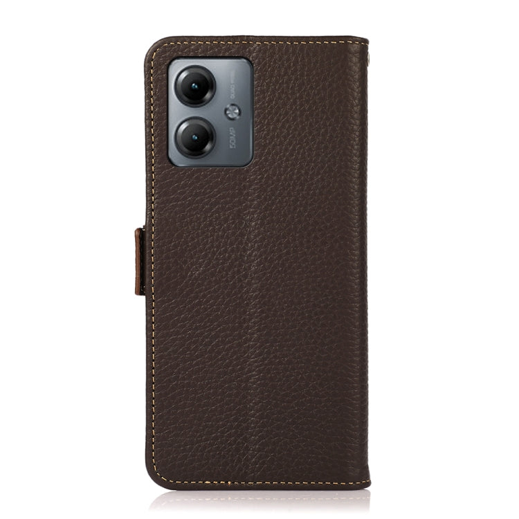 For Motorola Moto G14 4G KHAZNEH Side-Magnetic Litchi Genuine Leather RFID Phone Case(Brown) - Motorola Cases by PMC TechLife | Online Shopping South Africa | PMC TechLife | Buy Now Pay Later Mobicred