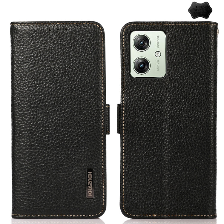 For Motorola Moto G54 5G KHAZNEH Side-Magnetic Litchi Genuine Leather RFID Phone Case(Black) - Motorola Cases by PMC TechLife | Online Shopping South Africa | PMC TechLife | Buy Now Pay Later Mobicred
