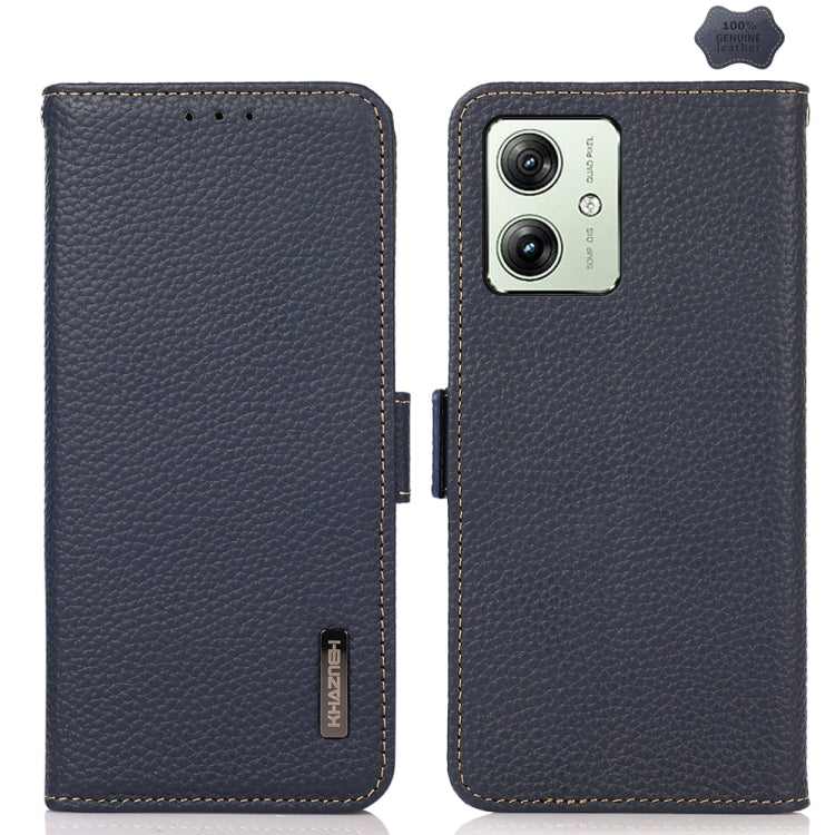 For Motorola Moto G54 5G KHAZNEH Side-Magnetic Litchi Genuine Leather RFID Phone Case(Blue) - Motorola Cases by PMC TechLife | Online Shopping South Africa | PMC TechLife | Buy Now Pay Later Mobicred