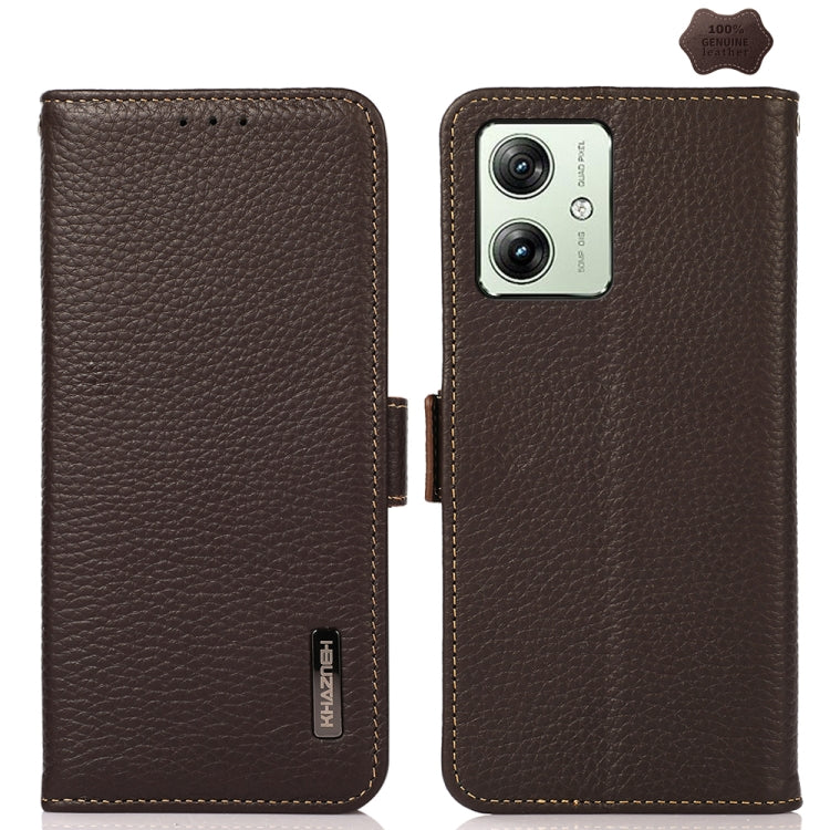 For Motorola Moto G54 5G KHAZNEH Side-Magnetic Litchi Genuine Leather RFID Phone Case(Brown) - Motorola Cases by PMC TechLife | Online Shopping South Africa | PMC TechLife | Buy Now Pay Later Mobicred