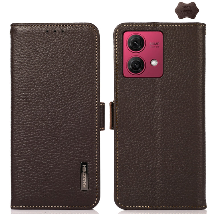 For Motorola Moto G84 5G KHAZNEH Side-Magnetic Litchi Genuine Leather RFID Phone Case(Brown) - Motorola Cases by PMC TechLife | Online Shopping South Africa | PMC TechLife | Buy Now Pay Later Mobicred