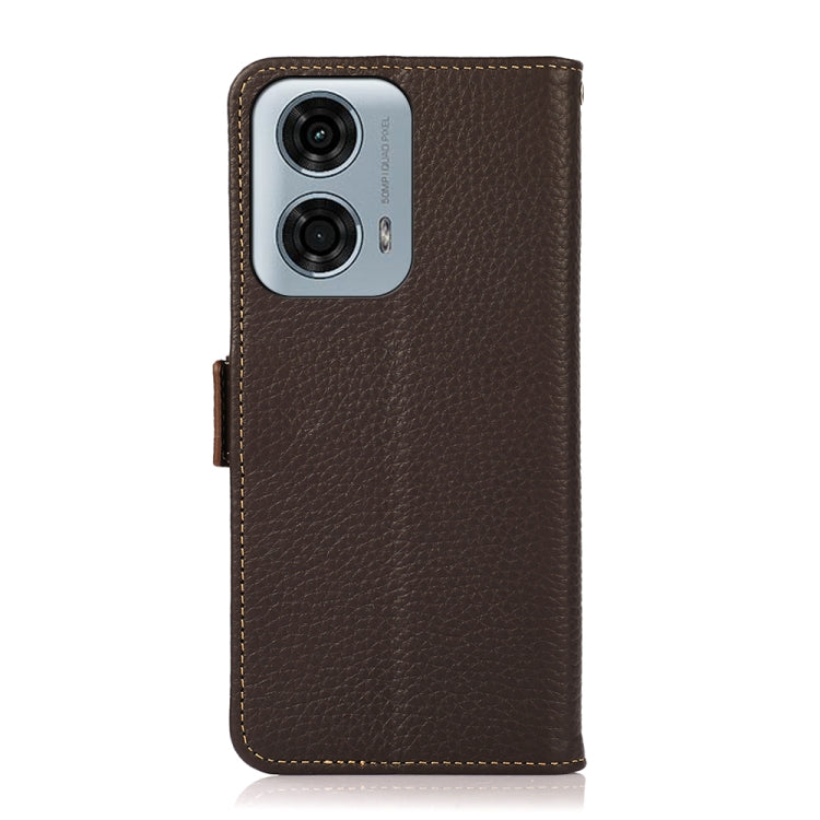 For Motorola Moto G24 KHAZNEH Side-Magnetic Litchi Genuine Leather RFID Phone Case(Brown) - Motorola Cases by PMC TechLife | Online Shopping South Africa | PMC TechLife | Buy Now Pay Later Mobicred