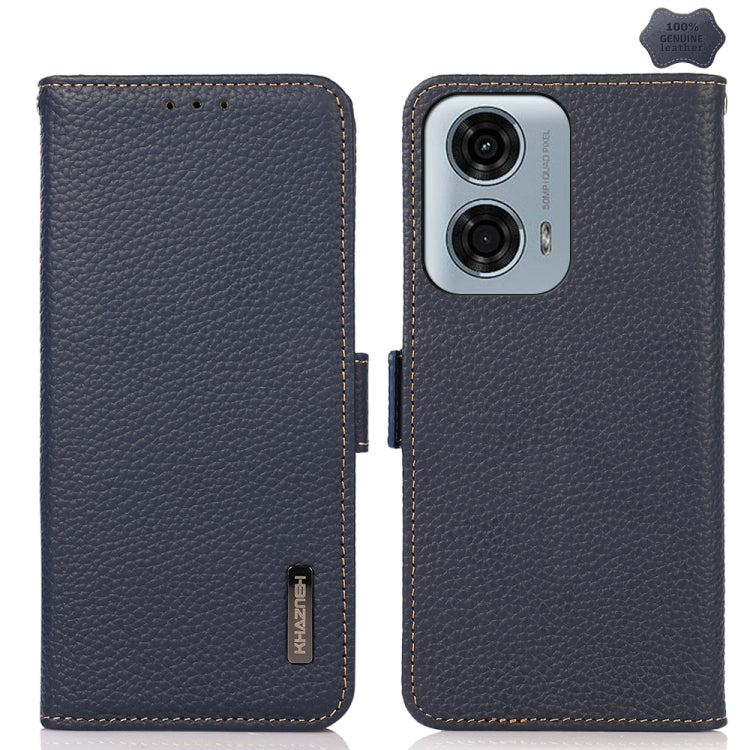 For Motorola Moto G34 KHAZNEH Side-Magnetic Litchi Genuine Leather RFID Phone Case(Blue) - Motorola Cases by PMC TechLife | Online Shopping South Africa | PMC TechLife | Buy Now Pay Later Mobicred