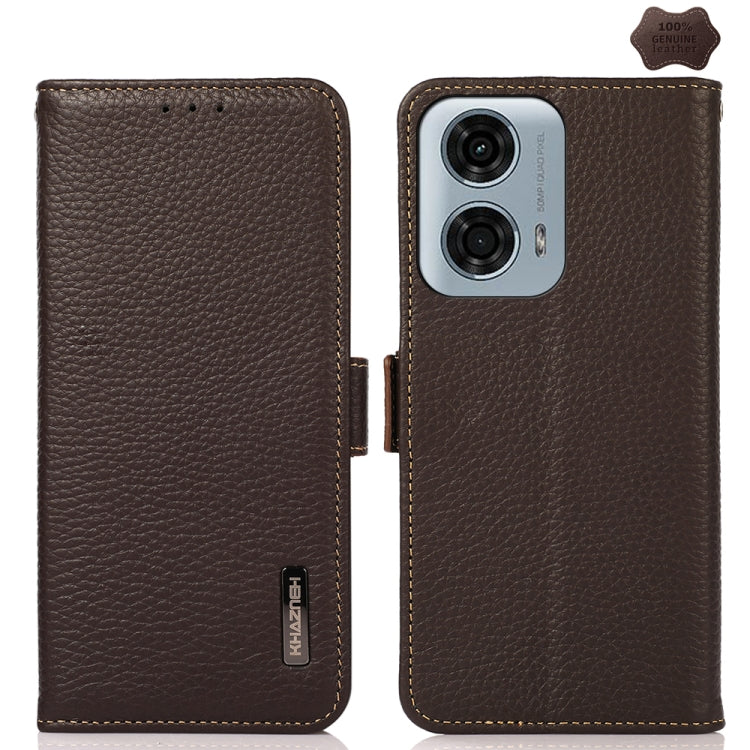 For Motorola Moto G34 KHAZNEH Side-Magnetic Litchi Genuine Leather RFID Phone Case(Brown) - Motorola Cases by PMC TechLife | Online Shopping South Africa | PMC TechLife | Buy Now Pay Later Mobicred