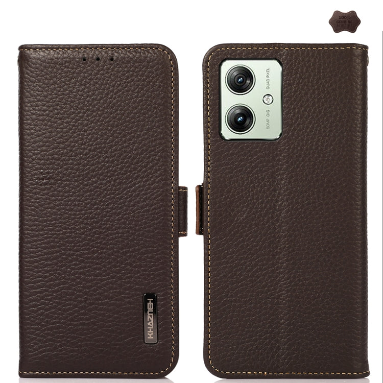 For Motorola Moto G64 5G KHAZNEH Side-Magnetic Litchi Genuine Leather RFID Phone Case(Brown) - Motorola Cases by PMC TechLife | Online Shopping South Africa | PMC TechLife | Buy Now Pay Later Mobicred