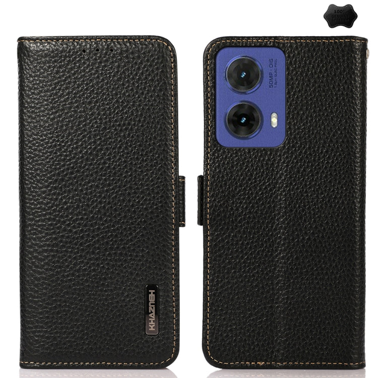 For Motorola Moto G85 KHAZNEH Side-Magnetic Litchi Genuine Leather RFID Phone Case(Black) - Motorola Cases by PMC TechLife | Online Shopping South Africa | PMC TechLife | Buy Now Pay Later Mobicred