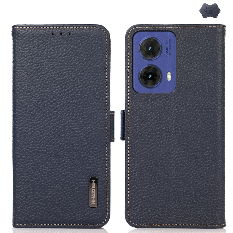 For Motorola Moto G85 KHAZNEH Side-Magnetic Litchi Genuine Leather RFID Phone Case(Blue) - Motorola Cases by PMC TechLife | Online Shopping South Africa | PMC TechLife | Buy Now Pay Later Mobicred