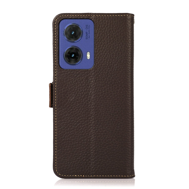 For Motorola Moto G85 KHAZNEH Side-Magnetic Litchi Genuine Leather RFID Phone Case(Brown) - Motorola Cases by PMC TechLife | Online Shopping South Africa | PMC TechLife | Buy Now Pay Later Mobicred