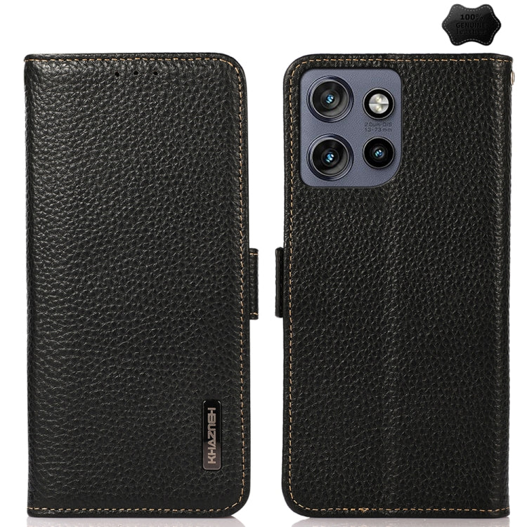 For Motorola Edge 50 Neo 5G / Moto S50 5G KHAZNEH Side-Magnetic Litchi Genuine Leather RFID Phone Case(Black) - Motorola Cases by PMC TechLife | Online Shopping South Africa | PMC TechLife | Buy Now Pay Later Mobicred
