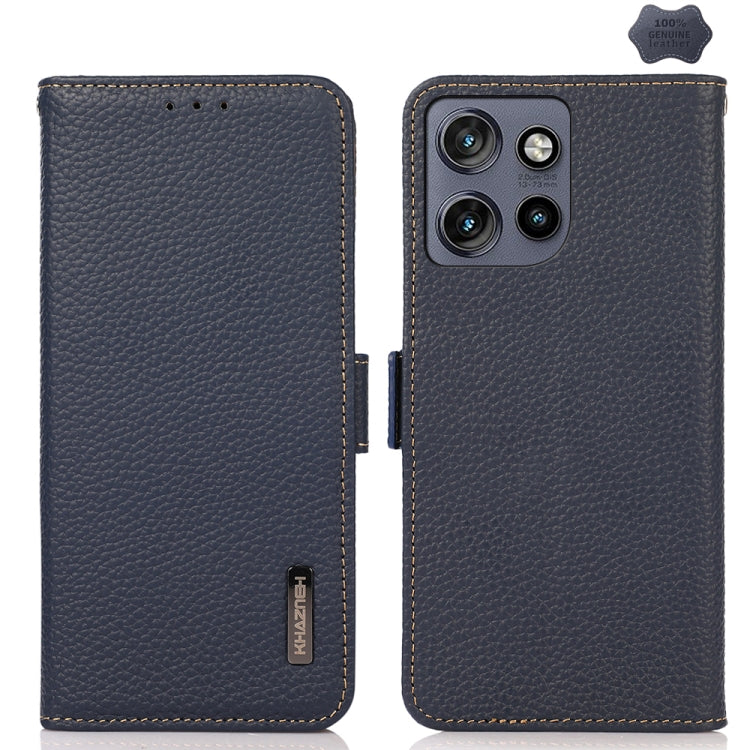 For Motorola Edge 50 Neo 5G / Moto S50 5G KHAZNEH Side-Magnetic Litchi Genuine Leather RFID Phone Case(Blue) - Motorola Cases by PMC TechLife | Online Shopping South Africa | PMC TechLife | Buy Now Pay Later Mobicred