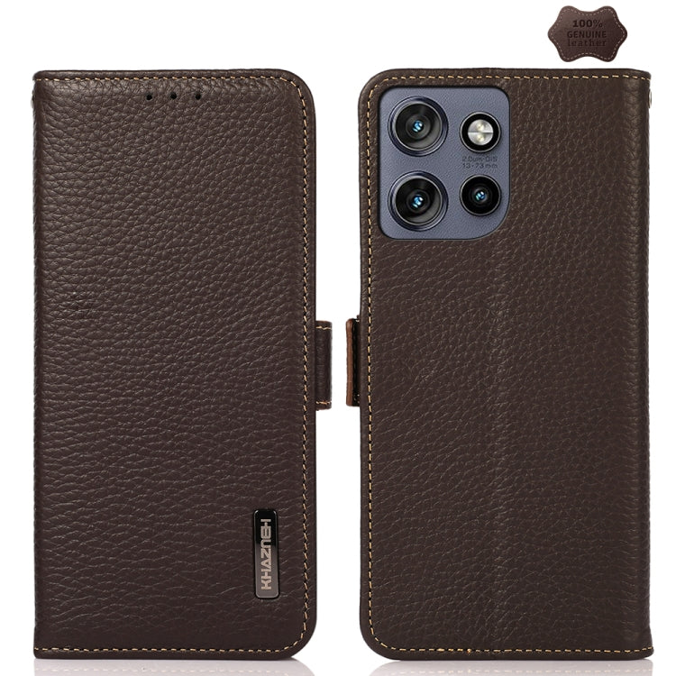 For Motorola Edge 50 Neo 5G / Moto S50 5G KHAZNEH Side-Magnetic Litchi Genuine Leather RFID Phone Case(Brown) - Motorola Cases by PMC TechLife | Online Shopping South Africa | PMC TechLife | Buy Now Pay Later Mobicred