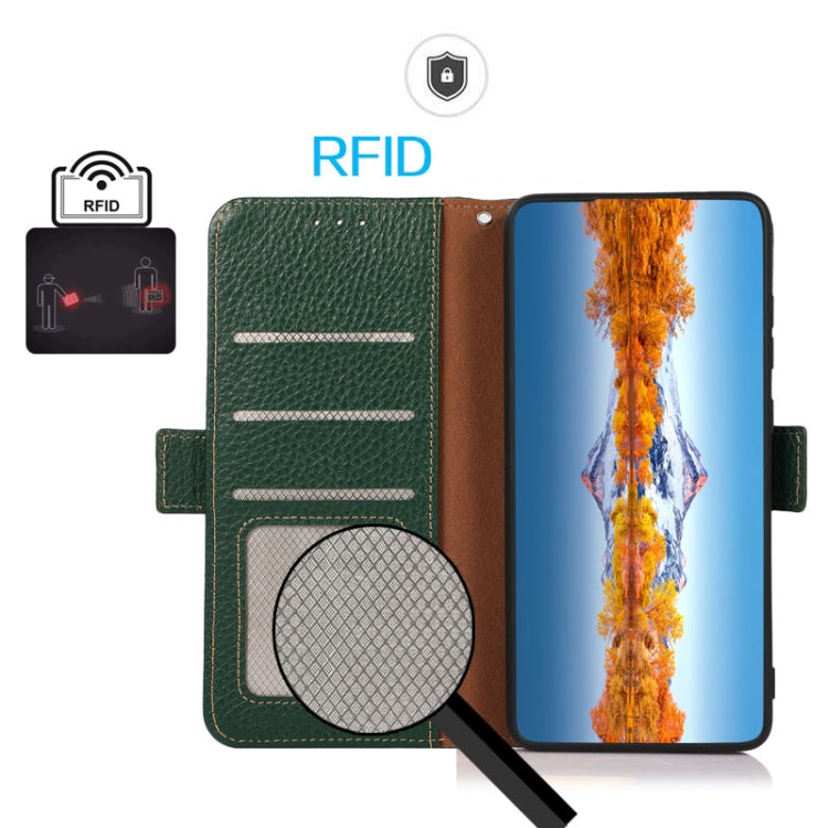 For Motorola Edge 50 5G KHAZNEH Side-Magnetic Litchi Genuine Leather RFID Phone Case(Green) - Motorola Cases by PMC TechLife | Online Shopping South Africa | PMC TechLife | Buy Now Pay Later Mobicred