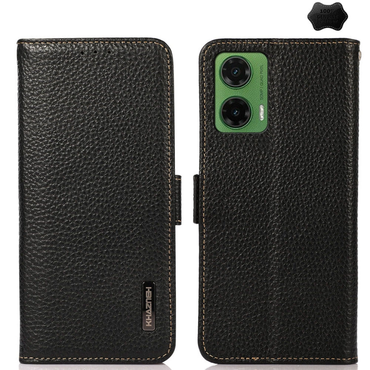 For Motorola Moto G35 KHAZNEH Side-Magnetic Litchi Genuine Leather RFID Phone Case(Black) - Motorola Cases by PMC TechLife | Online Shopping South Africa | PMC TechLife | Buy Now Pay Later Mobicred