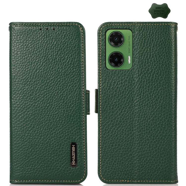 For Motorola Moto G35 KHAZNEH Side-Magnetic Litchi Genuine Leather RFID Phone Case(Green) - Motorola Cases by PMC TechLife | Online Shopping South Africa | PMC TechLife | Buy Now Pay Later Mobicred