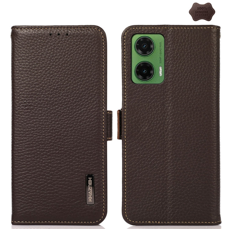 For Motorola Moto G35 KHAZNEH Side-Magnetic Litchi Genuine Leather RFID Phone Case(Brown) - Motorola Cases by PMC TechLife | Online Shopping South Africa | PMC TechLife | Buy Now Pay Later Mobicred