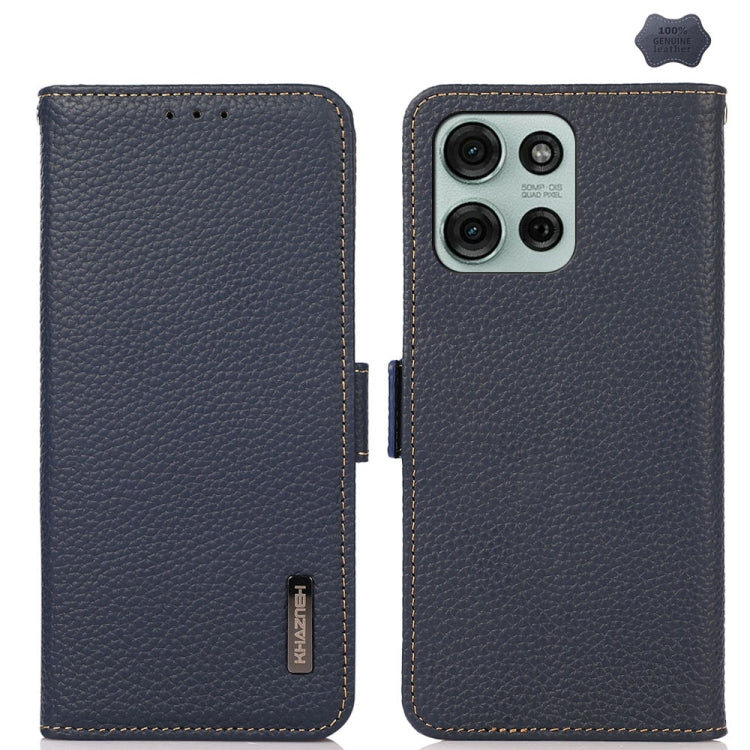 For Motorola Moto G75 5G KHAZNEH Side-Magnetic Litchi Genuine Leather RFID Phone Case(Blue) - Motorola Cases by PMC TechLife | Online Shopping South Africa | PMC TechLife | Buy Now Pay Later Mobicred