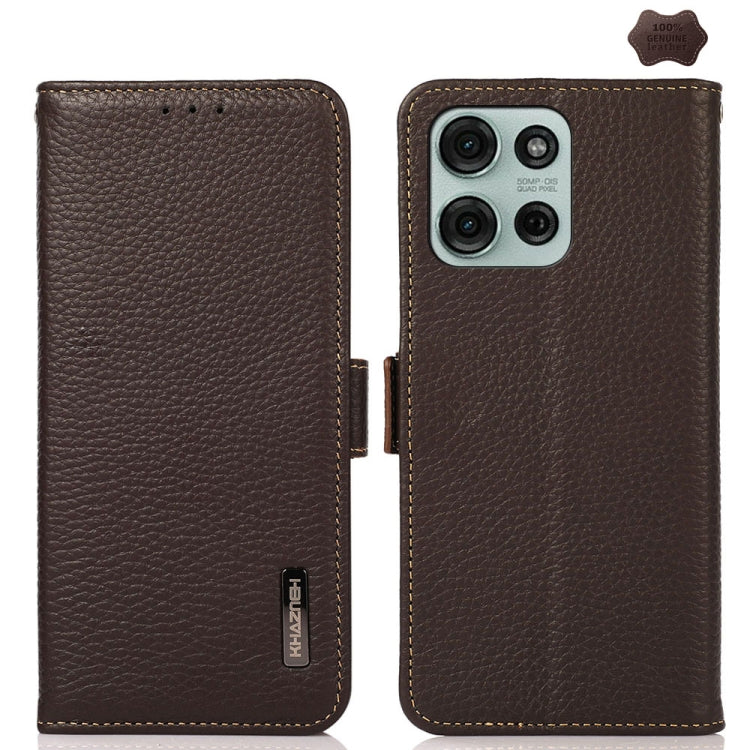 For Motorola Moto G75 5G KHAZNEH Side-Magnetic Litchi Genuine Leather RFID Phone Case(Brown) - Motorola Cases by PMC TechLife | Online Shopping South Africa | PMC TechLife | Buy Now Pay Later Mobicred