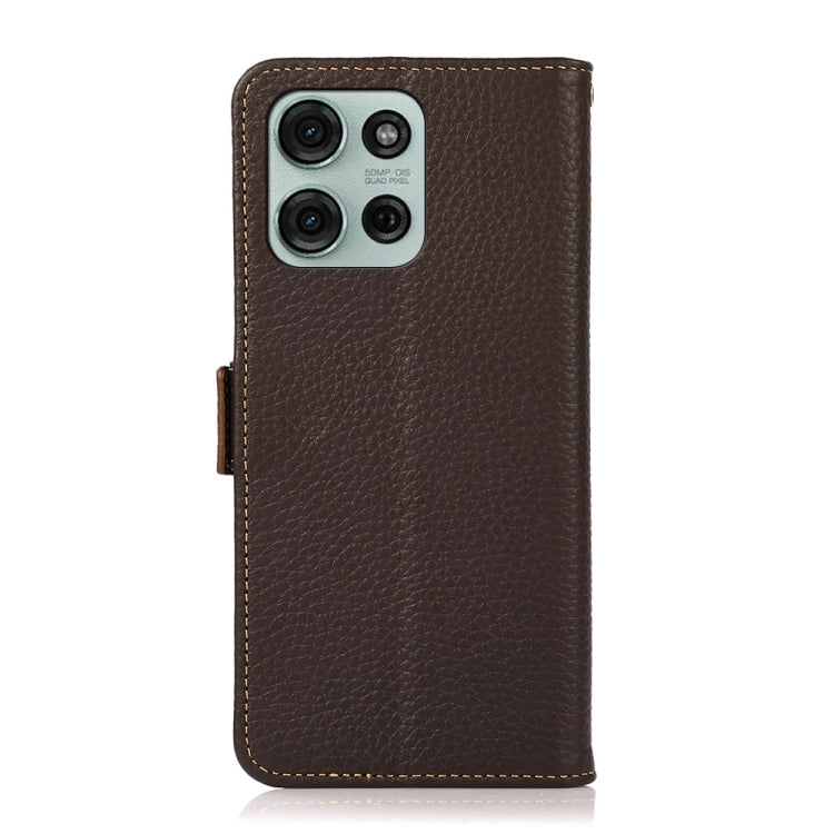 For Motorola Moto G75 5G KHAZNEH Side-Magnetic Litchi Genuine Leather RFID Phone Case(Brown) - Motorola Cases by PMC TechLife | Online Shopping South Africa | PMC TechLife | Buy Now Pay Later Mobicred