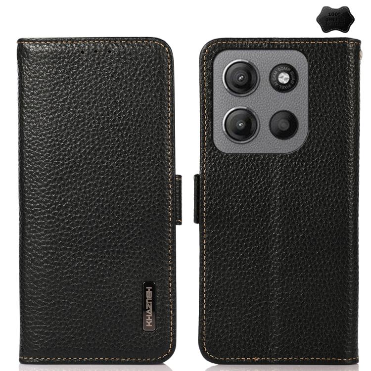 For Motorola Moto G15 4G / G05 KHAZNEH Side-Magnetic Litchi Genuine Leather RFID Phone Case(Black) - Motorola Cases by PMC TechLife | Online Shopping South Africa | PMC TechLife | Buy Now Pay Later Mobicred