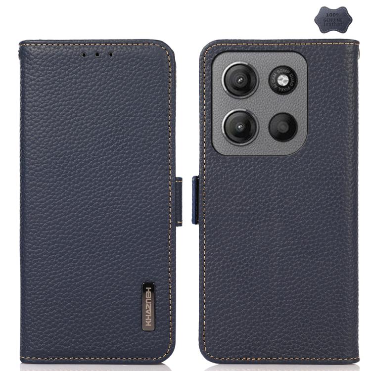 For Motorola Moto G15 4G / G05 KHAZNEH Side-Magnetic Litchi Genuine Leather RFID Phone Case(Blue) - Motorola Cases by PMC TechLife | Online Shopping South Africa | PMC TechLife | Buy Now Pay Later Mobicred