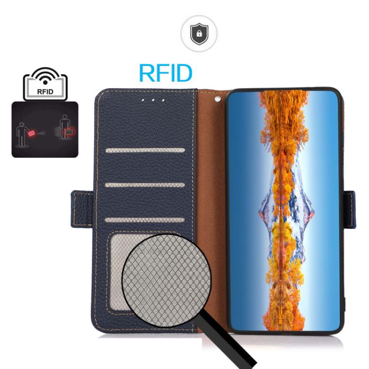 For Motorola Moto G15 4G / G05 KHAZNEH Side-Magnetic Litchi Genuine Leather RFID Phone Case(Blue) - Motorola Cases by PMC TechLife | Online Shopping South Africa | PMC TechLife | Buy Now Pay Later Mobicred