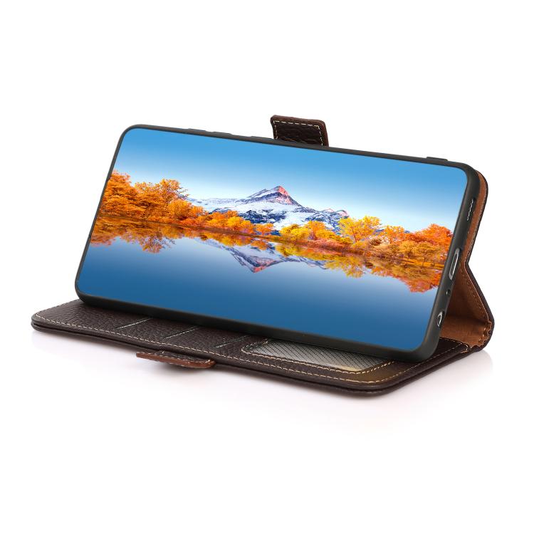 For Motorola Moto G15 4G / G05 KHAZNEH Side-Magnetic Litchi Genuine Leather RFID Phone Case(Brown) - Motorola Cases by PMC TechLife | Online Shopping South Africa | PMC TechLife | Buy Now Pay Later Mobicred
