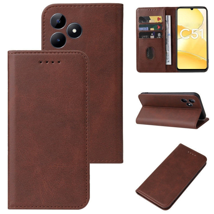 For Realme C51 Magnetic Closure Leather Phone Case(Brown) - Realme Cases by PMC TechLife | Online Shopping South Africa | PMC TechLife | Buy Now Pay Later Mobicred
