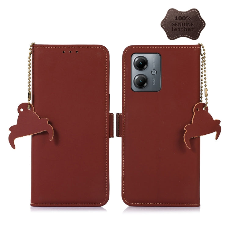 For Motorola Moto G14 4G Genuine Leather Magnetic RFID Leather Phone Case(Coffee) - Motorola Cases by PMC TechLife | Online Shopping South Africa | PMC TechLife | Buy Now Pay Later Mobicred