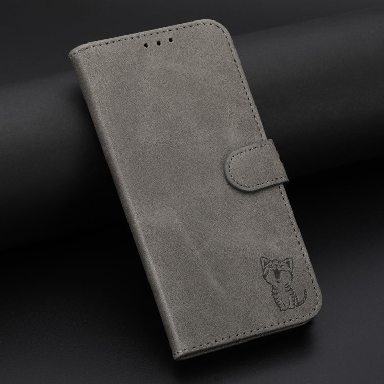 For iPhone 16e Embossed Happy Cat Pattern Flip Leather Phone Case(Grey) - iPhone 16e Cases by PMC TechLife | Online Shopping South Africa | PMC TechLife | Buy Now Pay Later Mobicred