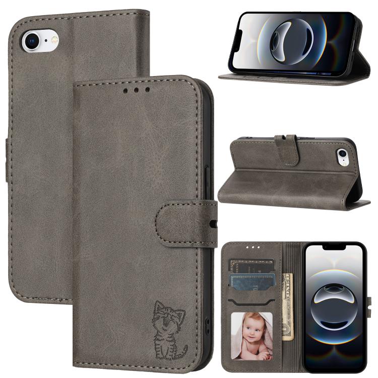 For iPhone 16e Embossed Happy Cat Pattern Flip Leather Phone Case(Grey) - iPhone 16e Cases by PMC TechLife | Online Shopping South Africa | PMC TechLife | Buy Now Pay Later Mobicred